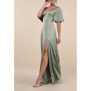 Lulus Elegant Confidence Sage Satin Flutter Sleeve Cutout Maxi Dress Sz Medium S
